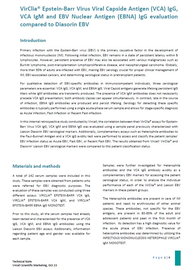 VirClia® Epstein-Barr Virus Viral Capside Antigen (VCA) IgG, VCA IgM and EBV Nuclear Antigen (EBNA) IgG evaluation compared to Diasorin EBV